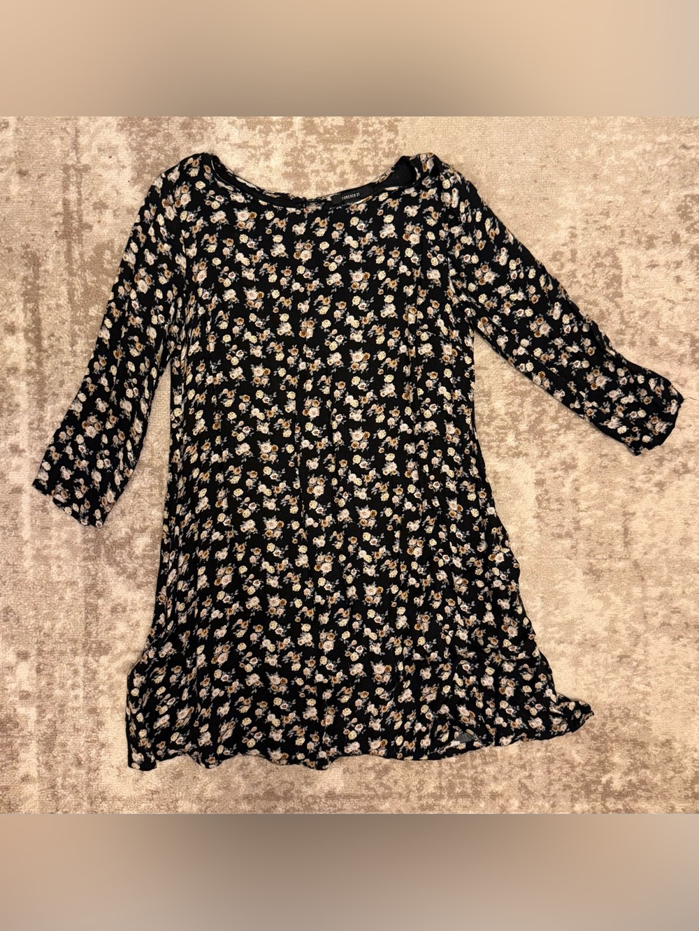 Forever 21 Black Floral Swing Mini Dress 3/4 Sleeve S
